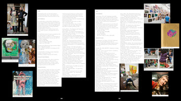 A two-page spread from an art book, pages 300 and 301, showing columns of text and a variety of color photographs. The photos include two artists in a studio, several abstract paintings, the cover of a catalogue titled Daniel Richter Huntergrund, a view of a gallery exhibition, and other candid shots of people and art.
