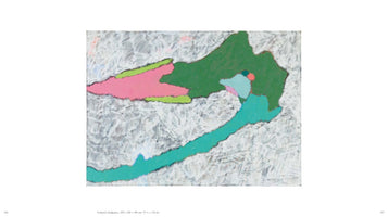 A horizontal abstract painting from 2015, titled Endspiel (Endgame), presented within a book. The artwork consists of several large, flat, organically shaped patches of color—including dark green, pink, lime green, and turquoise—layered over a heavily textured, energetic background of white and grey brushstrokes.