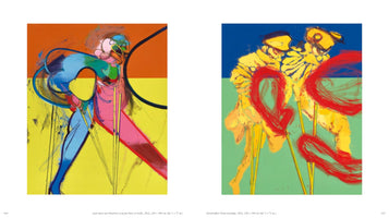 A two-page spread from an art book displaying two large, colorful abstract paintings. The painting on the left has a dynamic figure in blue, pink, and yellow against a background split into orange and yellow. The painting on the right shows two yellow figures with energetic red loops of paint against a background split into blue and light green.