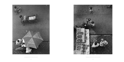 A black and white diptych showing two high-angle photographs of New York City street life from 1949. On the left, people gather at a hot dog stand under a large umbrella, near a woman with a baby in a pram and a child on a tricycle. On the right, a vendor sells slices of watermelon from a long table to adults and children on the sidewalk.