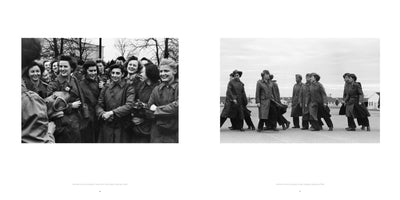 A diptych of two black and white photographs from 1943 showing the Women's Army Auxiliary Corps in Arkansas. On the left, a group of smiling women in military coats are gathered closely, some holding gas masks. On the right, a group of women in similar attire walk in a line across an open, paved outdoor space.