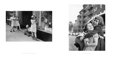A diptych of black and white photographs from New York City, 1948, presented as a book spread. The photo on the left shows four children, three girls standing and one boy sitting, absorbed in reading comic books on the sidewalk outside a shop. The photo on the right is a close-up of two smiling young girls sharing a happy hug on a city street.