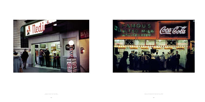 A diptych of two color photographs depicting New York City street food stands in 1950. On the left, a daytime shot of a Nedick's stand with customers at the counter next to a barber shop. On the right, a nighttime shot of a crowded counter lit by neon signs for Famous Malted Milk and Coca-Cola.