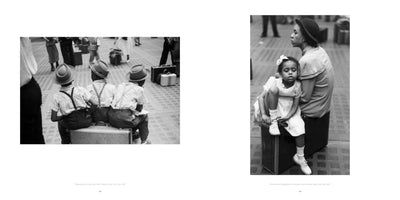 A black and white diptych showing two photographs from Penn Station in 1947. On the left, three young boys in hats and suspenders sit on a suitcase with their backs to the viewer. On the right, a mother and her young daughter sit on a suitcase; the daughter, wearing a large bow, appears sleepy.