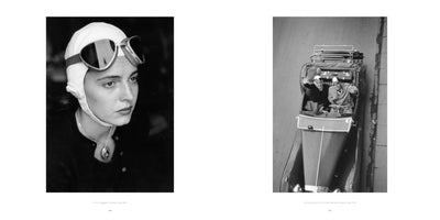 A black and white diptych. The left image is a close-up portrait of a woman with a pensive expression, wearing a white aviator cap and goggles. The right image is a high-angle shot of the same woman and a man in a vintage convertible packed with luggage; she is smiling and waving from the passenger seat.