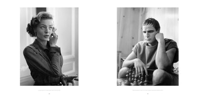 A diptych of two black and white photographs from 1950, presented on a white background. On the left, a portrait of actress Lauren Bacall in a New York City hotel room, looking to her right. On the right, a portrait of actor Marlon Brando on the set of Julius Caesar, looking down thoughtfully at a chessboard.