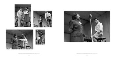 A black and white two-page book spread featuring multiple photographs of singer Marian Anderson and conductor Leonard Bernstein on stage at Lewisohn Stadium in 1947. A large photo on the right shows Anderson singing into a microphone while Bernstein watches her. The left page displays a collage of four smaller photos capturing different moments of their performance and interaction.