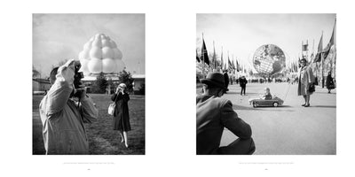 A diptych of two black-and-white photographs from the 1964 New York World's Fair. On the left, a man and woman take pictures of a cloud-like building. On the right, a woman stands with a child in a toy car, with the large Unisphere globe and rows of flags in the background.