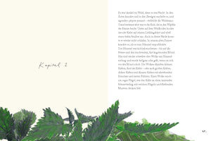 A two-page spread from a German book. The left page has the heading Kapitel 1 in a handwritten style against a cream-colored background. The right page contains a block of text with the page number 5. A watercolor illustration of green, serrated leaves runs along the bottom of the entire spread.