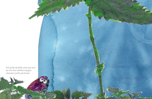 A whimsical collage-style illustration of a small, purple beetle with large, googly eyes peeking out from a patch of green nettles at the bottom of the frame. The beetle looks up longingly at a large leaf hanging above it against a blue watercolor sky.