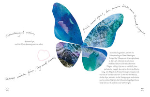A two-page spread from a book, pages 30 and 31, with German text. A large butterfly with artistic, watercolor-textured wings in shades of blue, turquoise, and purple is centered on the page. Cursive handwritten text follows the curves of the butterfly's wings, complemented by blocks of printed text on the plain white background.
