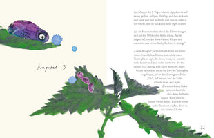 A two-page spread from a children's book with watercolor illustrations. The left page shows a plump purple caterpillar on a green leaf with the handwritten text Kapitel 3 below it. The right page contains a block of text in German. More green leaves extend from the bottom of the pages.