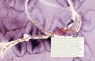 A watercolor illustration with a purple-washed background shows a long, winding line of small orange ants marching along a white path. The ants are crawling over a much larger, stylized insect made of purple and pink rounded segments. A block of text in German is overlaid on the bottom right.