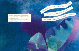 A dreamlike collage on a textured background of dark blue and purple watercolor. In the foreground, the silhouette of a butterfly's wings is filled with a lighter, mottled blue pattern. Two sections of German text are overlaid on the image: a typed paragraph in a white box on the left, and a handwritten prayer on three curved strips of paper on the right.