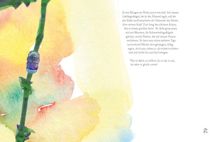 A page from a children's book featuring a watercolor illustration. On the left, a close-up of a green plant stalk with a small, segmented blue and purple cocoon is set against a soft, blended background of yellow and orange. German text is printed on the right side of the page, with the number 79 in the bottom corner.