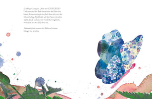 A two-page spread from a children's book with German text on the left. On the right, a stylized butterfly flies, its wings a watercolor collage of blue, purple, and speckled patterns. The lower-left corner shows green plants, and the white background is dotted with colorful paint splatters.