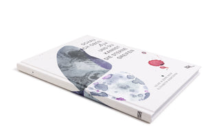 A white hardcover book titled Schau nach oben, Aya, und du kannst die Sterne greifen, is shown at an angle against a plain white background. The cover features abstract watercolor art in muted tones of grey, blue, and purple, with a few splashes of red ink. The spine and cover are visible.