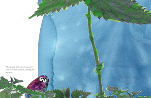 A watercolor and collage illustration shows a purple beetle with large white eyes peeking out from behind green leaves. The beetle looks up towards a large leaf hanging overhead against a blue background. Text on the left reads: Oh, thought the beetle, how good it must be to float up there, all weightless and free.