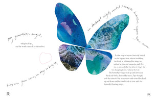 A two-page spread from a book, pages 30 and 31, featuring a large butterfly at the center. The butterfly's wings are filled with a vibrant, textured pattern of blue, turquoise, and purple. Handwritten cursive text flows around the butterfly, integrated with paragraphs of printed story text on a white background.