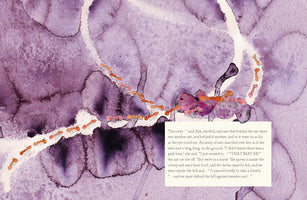 A watercolor storybook illustration with a textured purple background. A long line of small orange ants marches along a winding white path. In the foreground, a larger purple and pink ant stands near a block of text containing dialogue from the story.