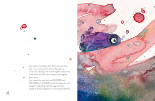 A two-page spread from a children's book. On the left page is a block of text. The right page features a vibrant, abstract watercolor illustration of a purple beetle-like creature with one large eye, carrying a smaller pink creature on its back through a dreamlike landscape of red, pink, and green washes.