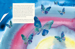 A children's book illustration in a watercolor style. Several blue butterflies with patterned wings fly across a colorful sky painted in soft washes of blue, pink, purple, and yellow, creating a rainbow effect. A white box with black text is positioned in the upper left corner.