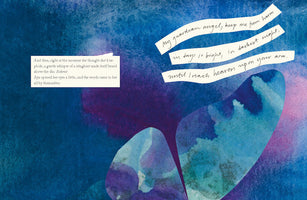 A page from a book with a rich blue and purple watercolor background. A text box on the left reads: And then, right at the moment she thought she'd explode, a gentle whisper of a wingbeat made itself heard above the din: Believe! Aya opened her eyes a little, and the words came to her all by themselves: On the right, three paper strips have handwritten text: My guardian angel, keep me from harm in days so bright, in darkest night, until I reach heaven upon your arm. A large wing shape is in the foreground.