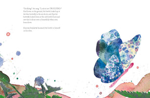 A page from an illustrated children's book. On the right, a large butterfly with wings made of blue and speckled watercolor patterns flies above green plants. On the left, a block of text describes the butterfly's joyful flight and a beetle watching from the ground. The background is white with colorful paint splatters.