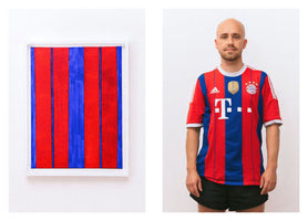 A diptych of two images against a white background. On the left is a framed painting with vertical red and blue stripes. On the right is a bald man wearing a soccer jersey with a matching red and blue striped pattern.