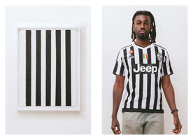 A diptych image against a white background. On the left, a piece of fabric with vertical black and white stripes is displayed in a white frame. On the right, a Black man with long twists in his hair wears a Juventus football jersey with the same striped pattern, featuring the Adidas and Jeep logos. He looks directly at the camera.