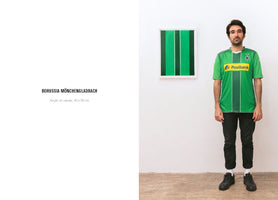 A diptych-style image. On the right, a man in a green and dark green striped Borussia Mönchengladbach football jersey stands next to a framed painting that mirrors the jersey's vertical stripe pattern. On the left, white space contains the text BORUSSIA MÖNCHENGLADBACH, Acrylic on canvas, 40 x 50 cm.