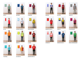 A grid of 21 photographs, each showing a person wearing a different football club jersey. Beside each person is a minimalist artwork on a white wall that abstracts the colors and patterns of their jersey. The name of the corresponding club is written below each image.