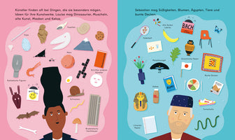 A colorful two-page illustration from a book with German text. The left page is pink and shows a woman with tall black hair, surrounded by objects like a dinosaur skull, a planet, and a snail. The right page is blue and shows a man with a beard and a cap, surrounded by objects like an Egyptian mask, a Greek vase, a banana, and a snake, representing sources of inspiration for each artist.