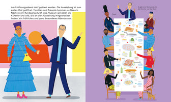 A colorful two-page illustration from a book. On the left, a man in a suit and a woman in a large, ruffled blue dress stand in an art gallery. On the right, a diverse group of people celebrates at a long dinner table laden with food, raising their glasses in a toast.