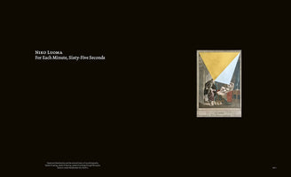 A black background with white text on the left that reads, NIKO LUOMA, For Each Minute, Sixty-Five Seconds. On the right is a vertically oriented, classical-style colored engraving of an interior scene with a woman in bed and other figures. The top of the engraving is overlaid with large, abstract triangles of yellow and white.