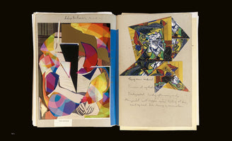 An open sketchbook on a black background. The left page has a colorful, abstract collage made of geometric shapes, labeled THE DREAM. The right page shows another collage, made of cut-up pieces of a cubist-style artwork, with handwritten cursive notes underneath.