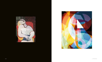 A two-page spread from a book comparing two artworks. On the left page, against a black background, is Pablo Picasso's painting Le Rêve, showing a woman sleeping in a red armchair. On the right page, against a white background, is a colorful abstract image with overlapping translucent geometric shapes in yellow, red, and blue.