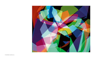 An abstract digital artwork with a black background, filled with a dynamic collage of overlapping, translucent geometric shapes. The vibrant colors include shades of blue, green, orange, red, and purple, creating a layered effect with a sense of depth and movement.
