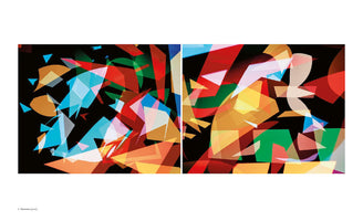 A vibrant abstract diptych on a black background, featuring a chaotic composition of overlapping, translucent geometric shapes. The angular, shard-like forms in bright red, blue, yellow, green, and orange create a dynamic sense of depth and energetic movement across the two panels.