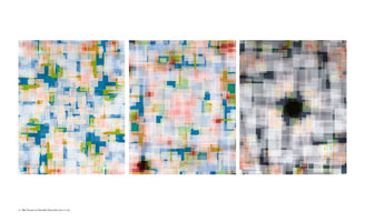 A triptych of abstract digital art titled The Garden of Earthly Delights, composed of overlapping, translucent squares. The left panel is a vibrant mix of blues, greens, and pinks. The central panel is more symmetrical. The right panel is desaturated into shades of grey with a dark, pixelated void in the center.