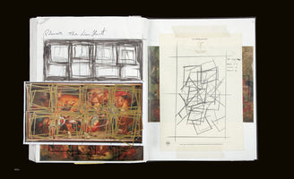 An open artist's sketchbook displaying a study of Peter Paul Rubens' painting The Lion Hunt. On the left page, there is a handwritten title, a rough ink sketch of a grid, and a reproduction of the chaotic battle scene overlaid with a network of thick, mustard-yellow lines. The right page has a piece of hotel stationery taped on, showing a complex abstract pencil drawing that deconstructs the painting's composition into a series of intersecting geometric lines.