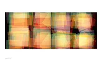 A diptych of two abstract paintings on a white background. The artworks feature multiple overlapping, translucent squares and rectangles in warm colors like yellow, orange, and red, along with some green and brown shades. The shapes are set against a dark background, creating a glowing, layered effect.