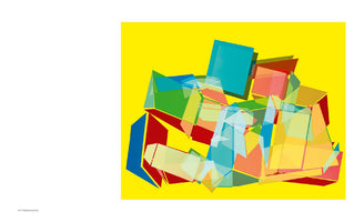 A wide image with a large white area on the left and an abstract artwork on the right. The artwork is set against a bright yellow background and features a dynamic cluster of overlapping, multi-colored geometric shapes. The shapes, in shades of red, blue, green, and orange, are a mix of solid and translucent, creating a complex, layered, three-dimensional effect.
