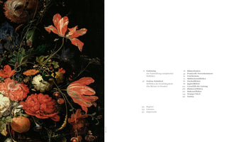 A two-page spread from an art book. The left page shows a lush, Dutch-style still-life painting of an overflowing bouquet of flowers, including red-and-white tulips, against a dark background. The right page is white and displays the book's table of contents in German.