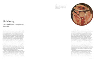 A two-page spread from a German book about the history of European still life, with the chapter title Einleitung. On the right page is an overhead photograph of a circular, ancient Campanian red-figure fish plate from around 330 BC. The plate depicts three large, detailed fish arranged around a central depression on a dark background.