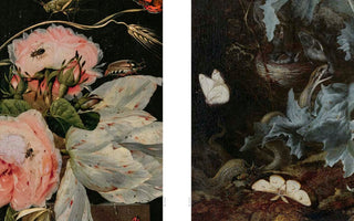 A diptych of two detailed oil paintings. The left panel is a still life showing a close-up of pink roses and white tulips with various insects against a dark background. The right panel depicts a dark, natural scene with a snake threatening a bird's nest, a white butterfly, and a pale moth on the forest floor.