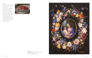 A two-page spread from an art book. The left page contains German text and a detail shot of a bowl of strawberries. The right page features a painting by Jan Brueghel the Elder, depicting a central oval portrait of the Madonna and Child surrounded by a lush and detailed garland of colorful flowers, fruits, and insects against a dark background.