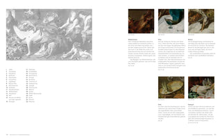 A two-page spread from an art publication in German. The left page features a large black-and-white painting of a larder scene with dead game and produce, with numbered elements identified in a key below. The right page shows five color close-ups from the painting, including a wild boar, a peacock, and asparagus, each with a block of text explaining its symbolism.