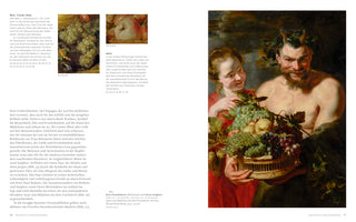 A two-page spread from an art book in German. The right side features a large Baroque painting of a grinning satyr with horns, holding a basket overflowing with fruit for a young woman beside him. The left side contains descriptive text and two small detail shots of grapes and an apple from the painting.