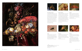 An open book page in German, featuring a large, ornate still-life painting of a lavish feast on the left. The painting includes a bright red lobster, overflowing grapes, a peeled lemon, and other fruits on a draped table. The right-hand column displays several small, detailed close-ups from the painting, showing insects and fruits with accompanying descriptive text.